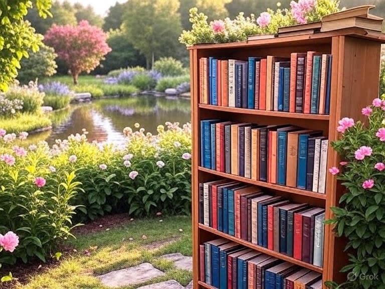 Boekenkast in een tuin bij een vijver